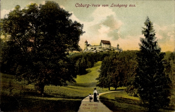 Postcard Coburg in Upper Franconia, Coburg-Veste, park path, trees, people, buildings, colored
