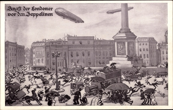 Künstler Ak London, Angst der Londoner vor den Zeppelinen, Trafalgar Square, I WK