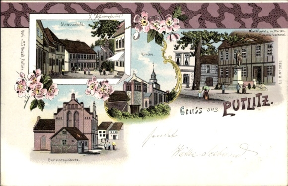 Chromo-Litho Putlitz in der Prignitz, market square, Kaiser Wilhelm monument, church, cantor's building, street