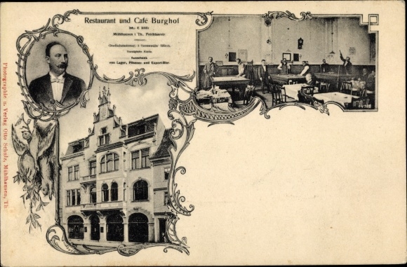 Postcard Mühlhausen in Thuringia, restaurant and cafe Burghof, interior view, billiards, portrait