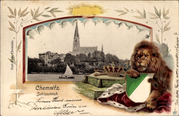 Präge Passepartout Ak Chemnitz in Sachsen, Schlossteich, Löwe, Wappen