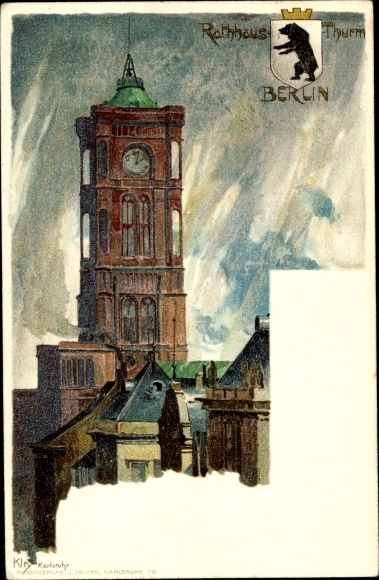 Artist Chromo-Litho Kley, H., Berlin, town hall tower, coat of arms