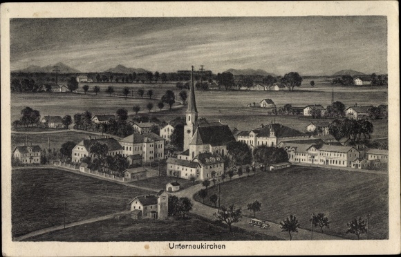 Ak Unterneukirchen in Oberbayern, Panorama, Kirche