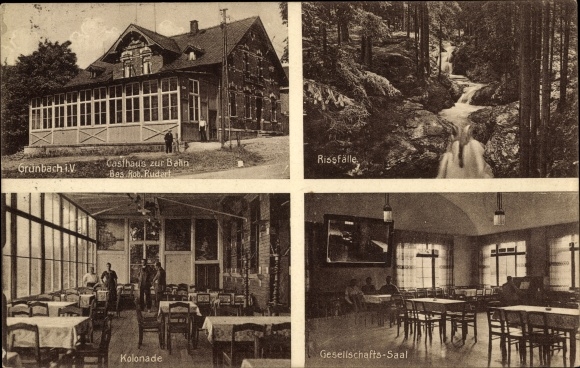 Ak Grünbach im Vogtland, Rissfälle, Gasthaus zur Bahn, Kolonade, Gesellschafts-Saal