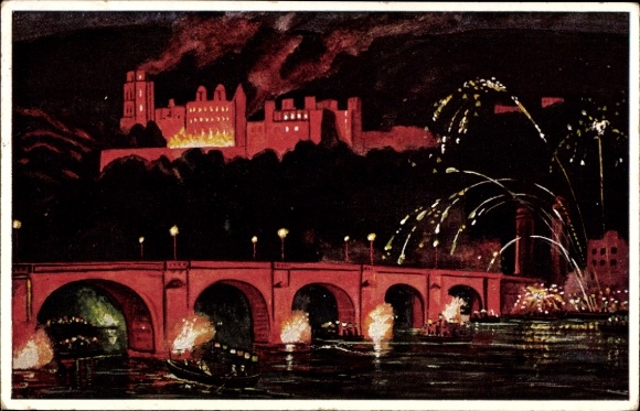 Ak Heidelberg am Neckar, Heidelberger Schloss, Feuerwerk, Brücke, Wasser, Nacht