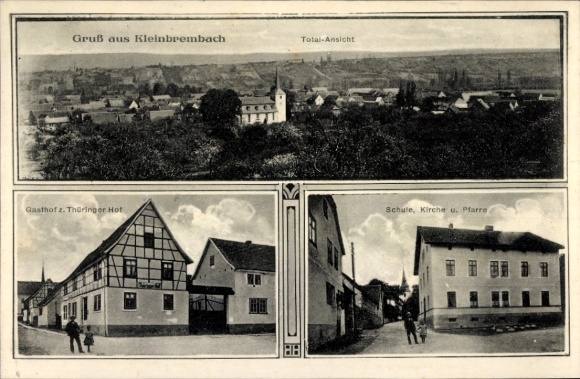 Postcard Kleinbrembach Thuringia, Inn at the Thüringer Hof, School, Church, Parish