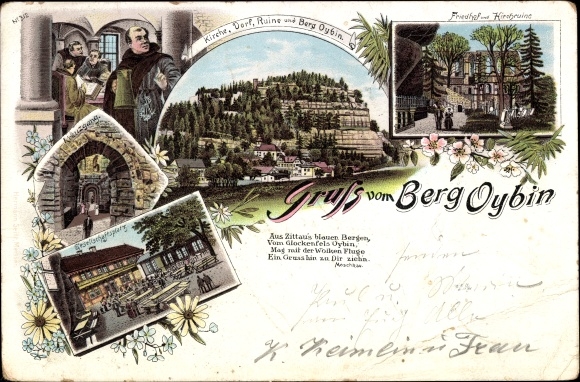 Chromo-Litho Oybin in Saxony, church, village, ruins, mountain Oybin, cemetery and church ruins