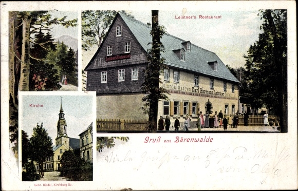 Postcard Bärenwalde Crinitzberg in Saxony, church, Leistner&#39;s restaurant
