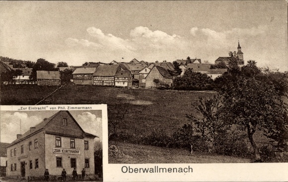 Postcard Oberwallmenach in the Taunus, partial view, Zur Eintracht, owner Phil. Zimmermann