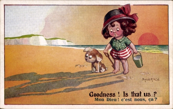 Artist Postcard McGill, Donald, girl and dog on the beach, shadow