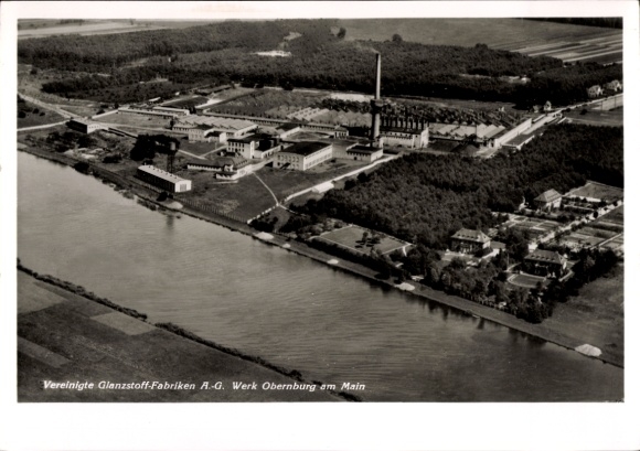 Postcard Obernburg am Main Lower Franconia, aerial photograph, Vereinigte Glanzstoff-Fabriken AG