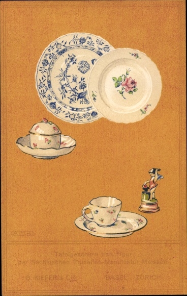Artist Postcard G. Kiefer &amp; Cie. Basel, Zurich, tableware and figure from the Meissen Porcelain Manufactory
