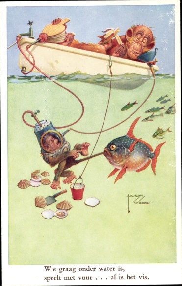 Artist Postcard Wood, Lawson, Fish has diver on tail, humanized monkeys, fishermen in boat