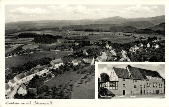 Postcard Bachheim Löffingen in the Black Forest, aerial photograph, guesthouse and guesthouse on the island