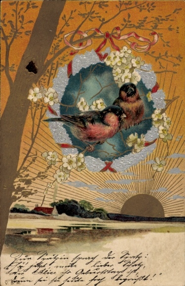 Präge Sonnenschein Litho Vögel, silberner Kranz, Blüten