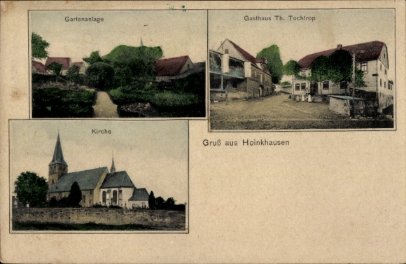 Postcard Hoinkhausen Rüthen in Westphalia, garden, guesthouse Th. Tochtrop, church, greetings from Hoinkha