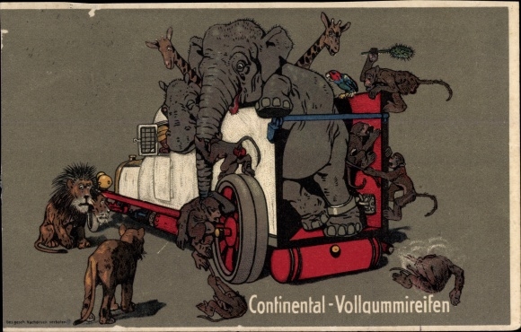 Postcard Continental solid tires, automobile, elephant, lion, giraffe, monkey