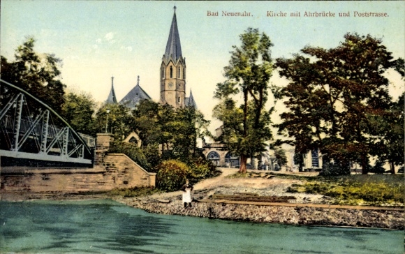 Ak Bad Neuenahr Ahrweiler Rheinland Pfalz, Kirche, Ahrbrücke, Poststraße, Wasser, Bäume