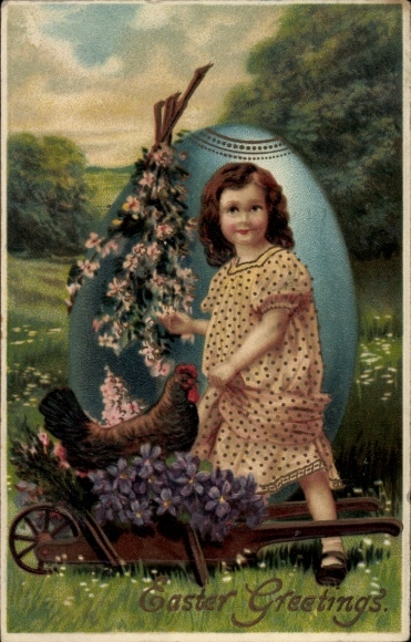 Präge Ak Glückwunsch Ostern, Mädchen, Osterei, Blumen