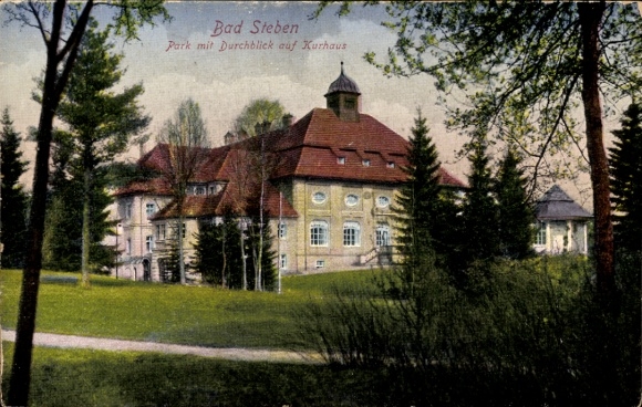 Postcard Bad Steben in Upper Franconia, spa house in the park, view through trees, old architecture