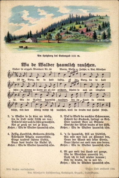 Song Postcard Günther, Anton, Wu da woods murmur hamlich, Spitzberg, Erzgebirge dialect No. 30