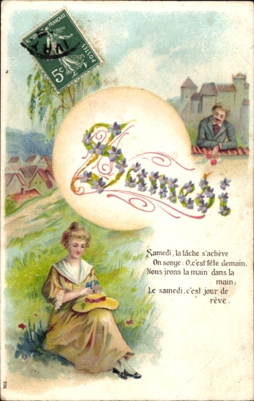 Postcard Saturday, Allegory, Woman sitting with hat on a meadow, man looking down