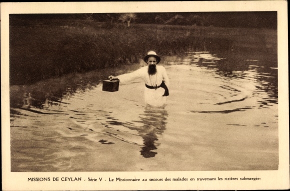 Postcard Missions of Ceylon, Series V, The Missionary helping the sick while crossing the rice fields