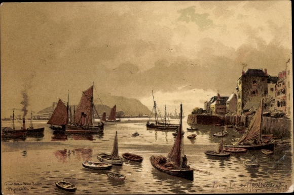 Artist Chromo-Litho Corner Breaker Plymouth Devon England, Lot in Harbour