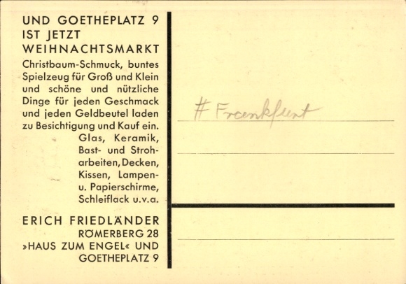 Artists Postcard Frankfurt M., Christmas Market, Haus zum Engel, Römerberg 28, Alter Markt, Goetheplatz 9