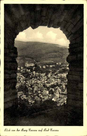 Postcard Bad Nassau on the Lahn, view through a stone arch, Nassau Castle, landscape