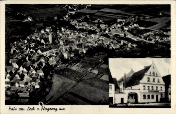 Postcard Rain am Lech in Swabia, inn and brewery, aerial photograph