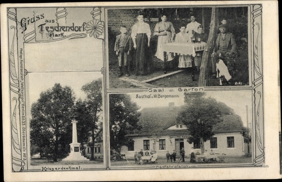 Postcard Teschendorf in der Mark, war memorial, Gasthof W. Bergemann, cycling station, garden