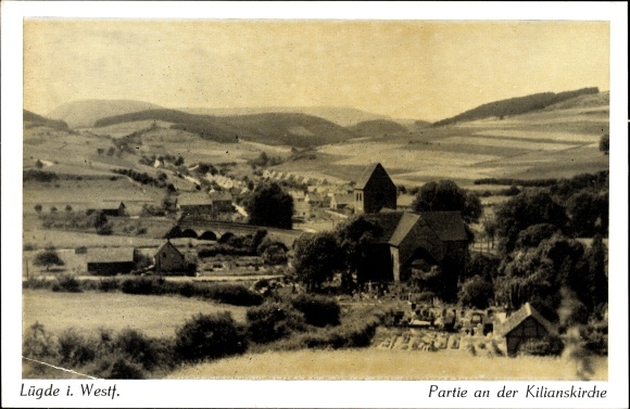 Postcard Lügde in the Weserbergland, panorama, Kilianskirche