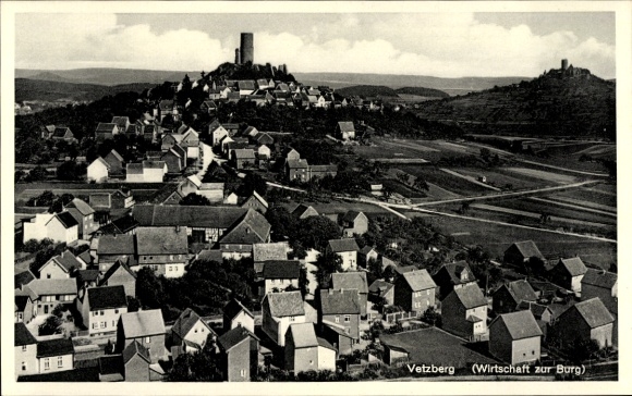 Postcard Vetzberg Biebertal in Hesse, aerial photograph, inn at the castle
