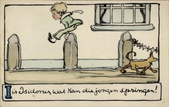 Künstler Ak Junge beim Springen, Hund, Fenster