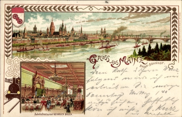 Chromo-Litho Mainz am Rhein, panorama, Heinrich Bruch train station restaurant