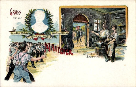 Chromo-Litho trade union festival, May Day celebration, Ferdinand Lassalle, blacksmith, freedom equality fraternity