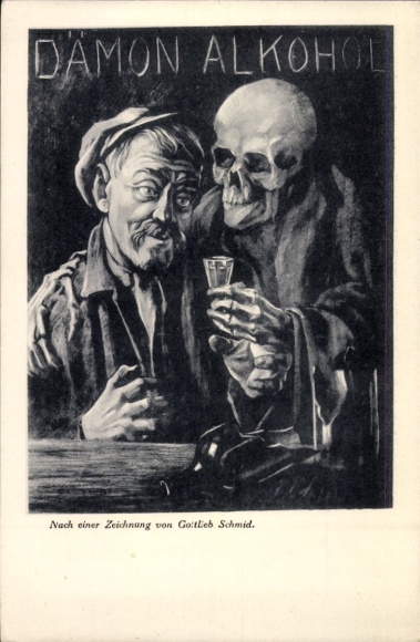 Artist Postcard Schmid, G., Demon-Alcohol, Man, Death, Skeleton