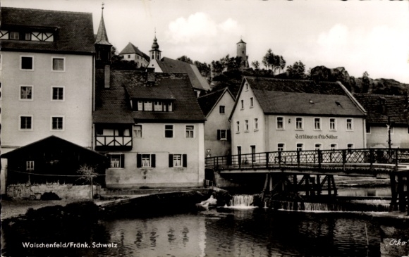 Ak Waischenfeld in der Fränkischen Schweiz Bayern, Textilgeschäft von Otto Söllner, Brücke