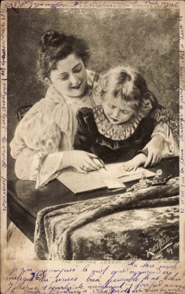 Artist Postcard Woman teaches her daughter to write
