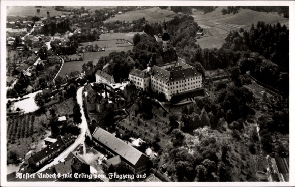 Postcard Andechs am Ammersee, Andechs Monastery, aerial view of the monastery and its surrounding landscape, r K