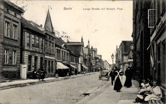 Postcard Barth on the Baltic Sea, Lange Straße, Imperial Post Office, city view, people on the street
