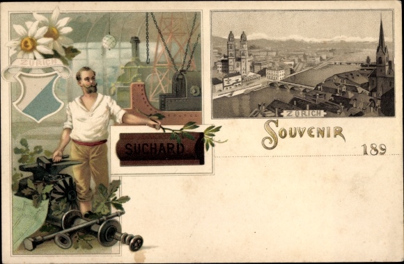 Chromo-Litho Zurich City Switzerland, Blacksmith, Chocolat Suchard Advertisement