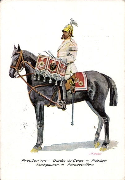 Artist PC Prussia 1914, Gardes du Corps, kettledrum player in parade uniform, Stamp Day 1943