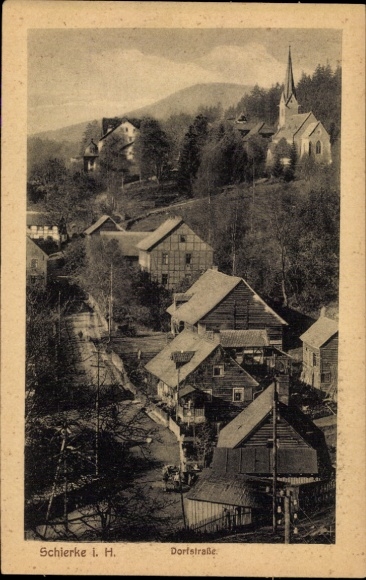 Postcard Schierke Wernigerode in the Harz, village street, houses, church, forest, mountain