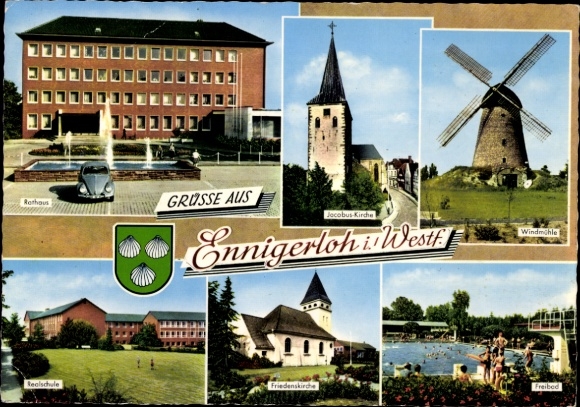 Postcard Ennigerloh in Westphalia, town hall, windmill, Jacobus Church, outdoor pool, secondary school, Peace Church