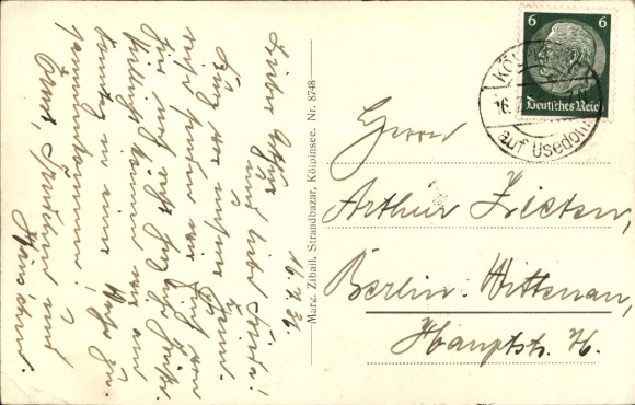 Postcard Ostseebad Kölpinsee on Usedom, beach view, steep bank