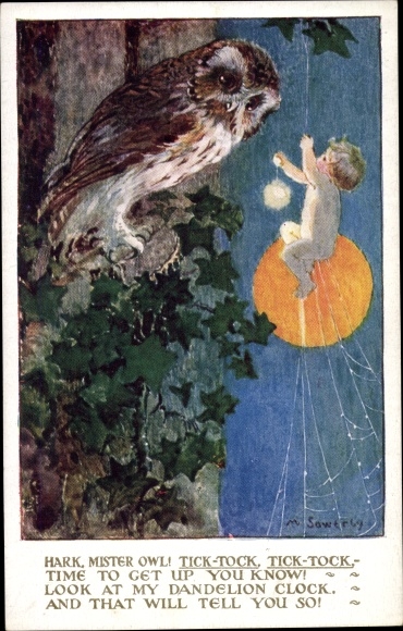 Artist PC Sowerby, M., Kind klimt in een spinnenweb naar een uil