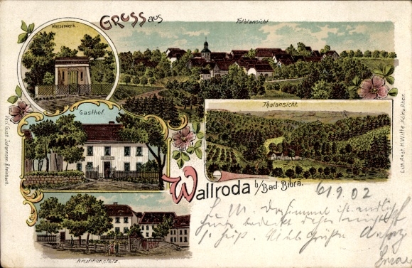 Litho Wallroda Bad Bibra im Burgenlandkreis, Gesamtansicht, Gasthof, Brunnenplatz