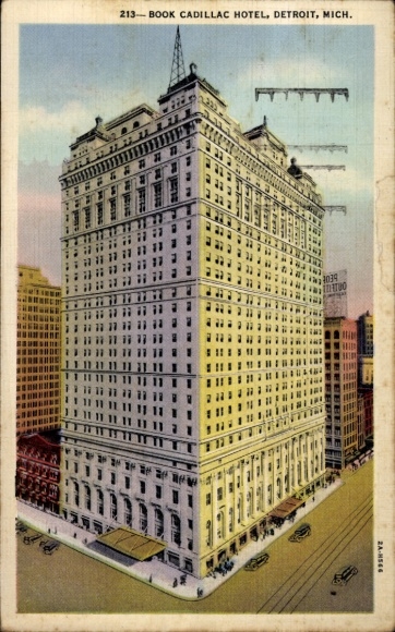 Ak Detroit Michigan USA, Boek Cadillac Hotel, kleurrijke illustratie, elegante architectuur, s-gebouw